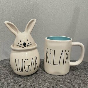 Rae Dunn Set of 2 - Easter Bunny Top SUGAR Canister White and a Blue RELAX Mug